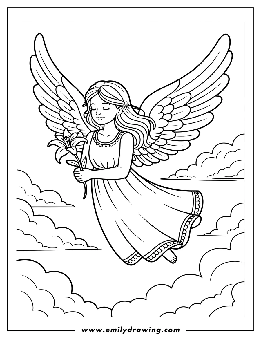 Line art of an angel holding a lily. She has large wings and a flowing gown.