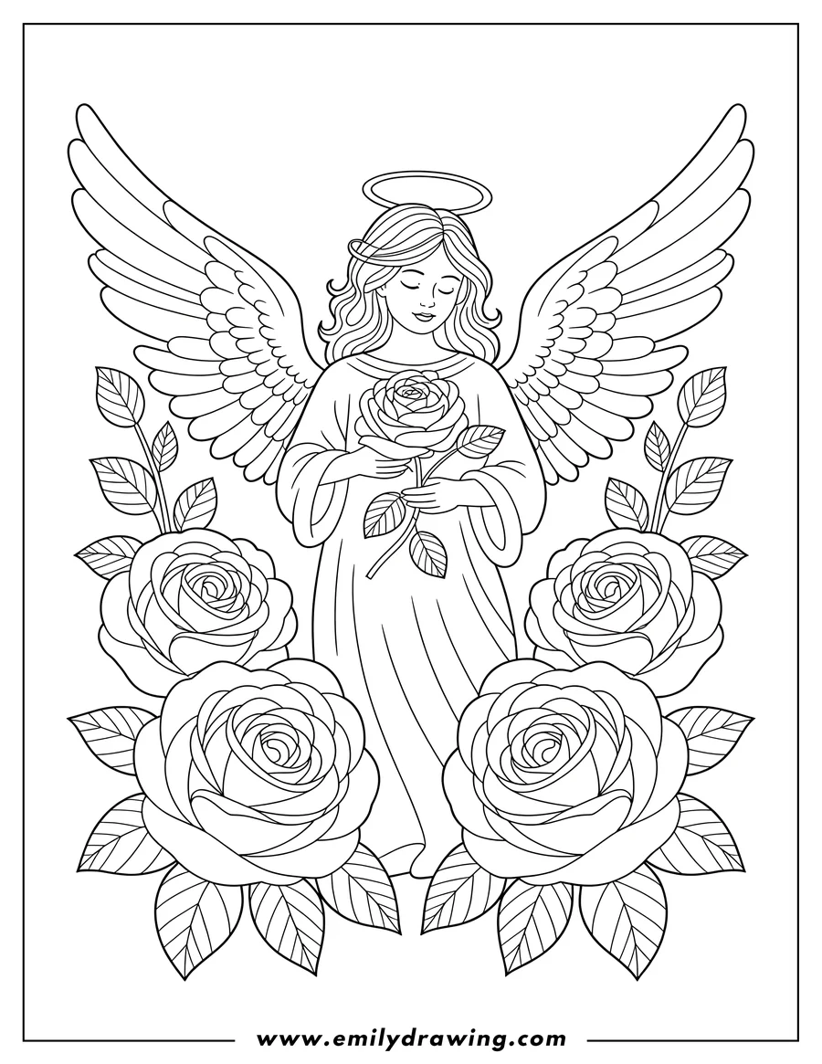 Line art of an angel holding a rose, surrounded by more roses. The angel has large wings and a halo.