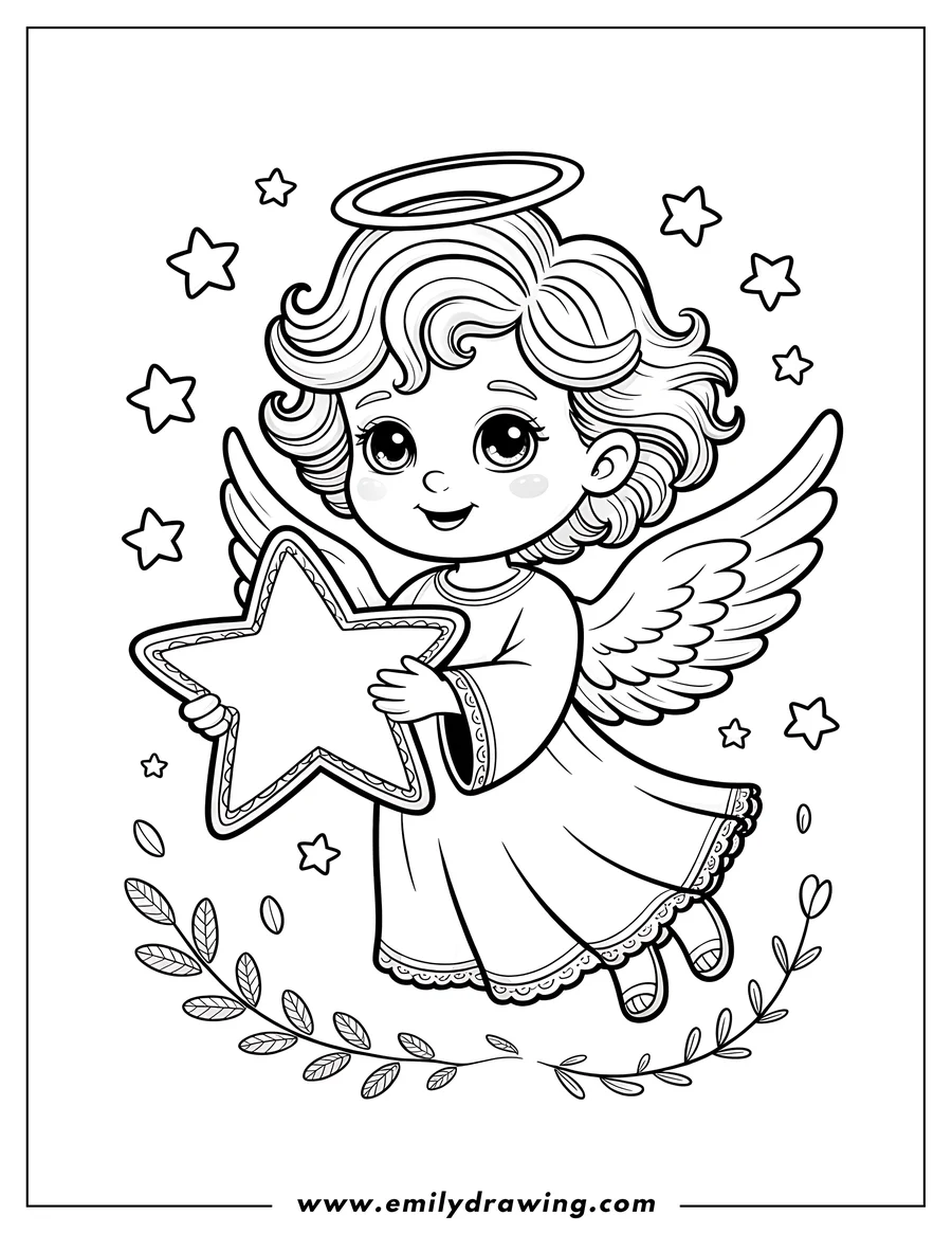 Outline of a cherubic angel holding a large star, surrounded by smaller stars and a delicate leaf garland.