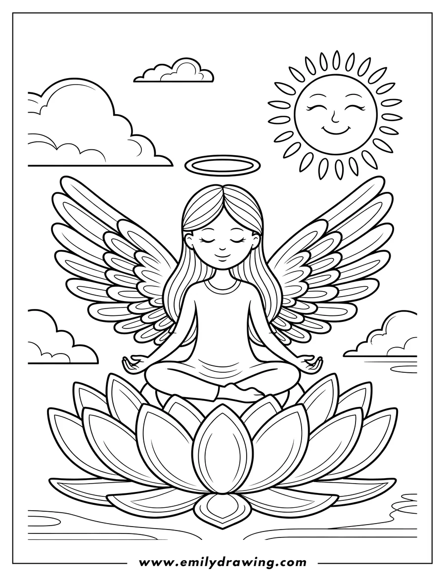 Line art of an angel with large wings and a halo, sitting in a meditative pose on a lotus flower.  A smiling sun and clouds are in the background.