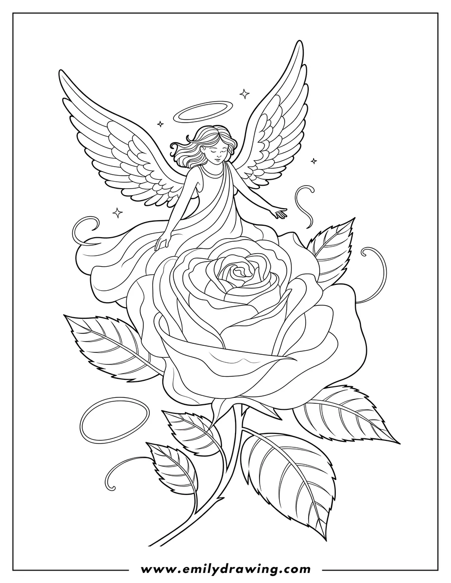 Outline of an angel with large wings and a halo sitting on a giant rose blossom.
