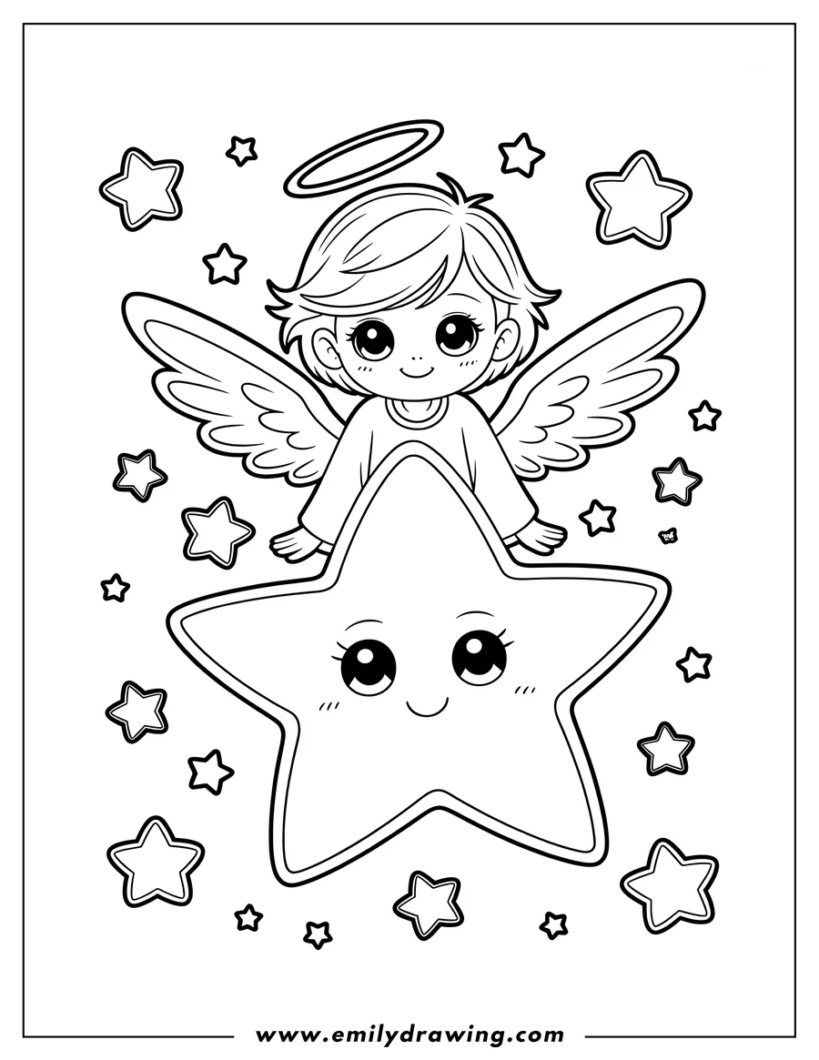 Outline of a cute angel with wings and a halo, sitting on a large smiling star surrounded by smaller stars.