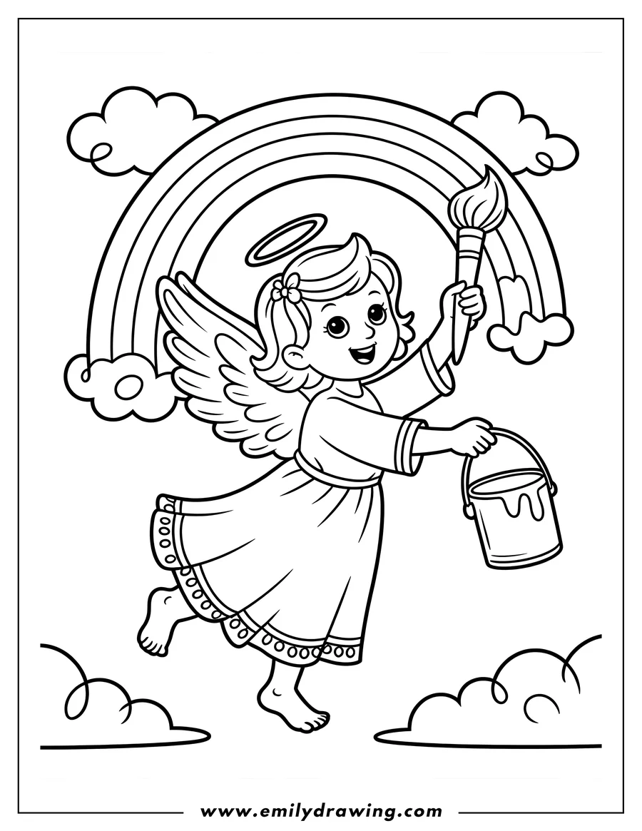 Line art of an angel with a paintbrush and paint bucket, painting a rainbow in the sky.
