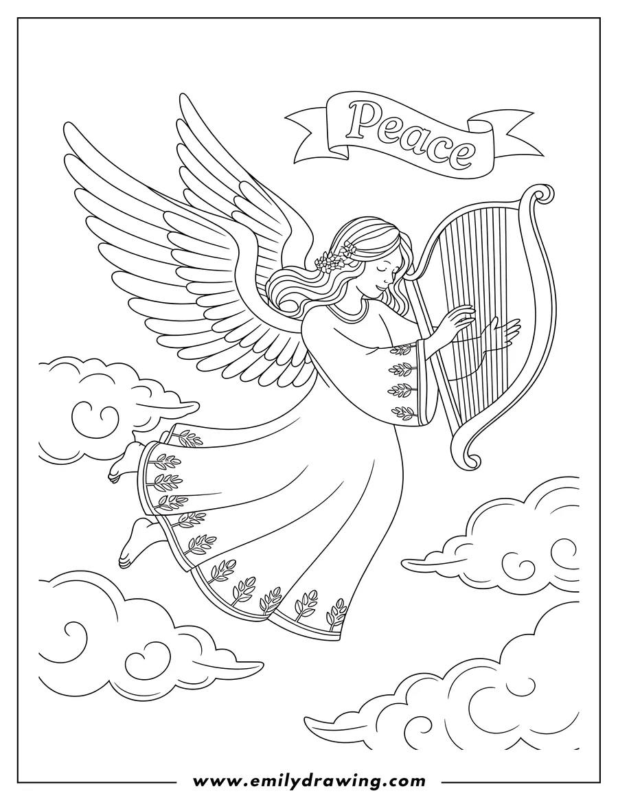 Outline of an angel with large wings playing a harp in the clouds, with a banner reading 'Peace' above her.