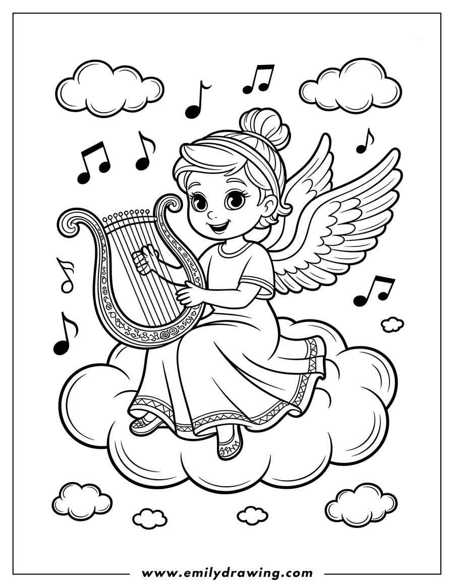 Outline of an angel with wings, sitting on a cloud and playing a harp. Musical notes surround her.