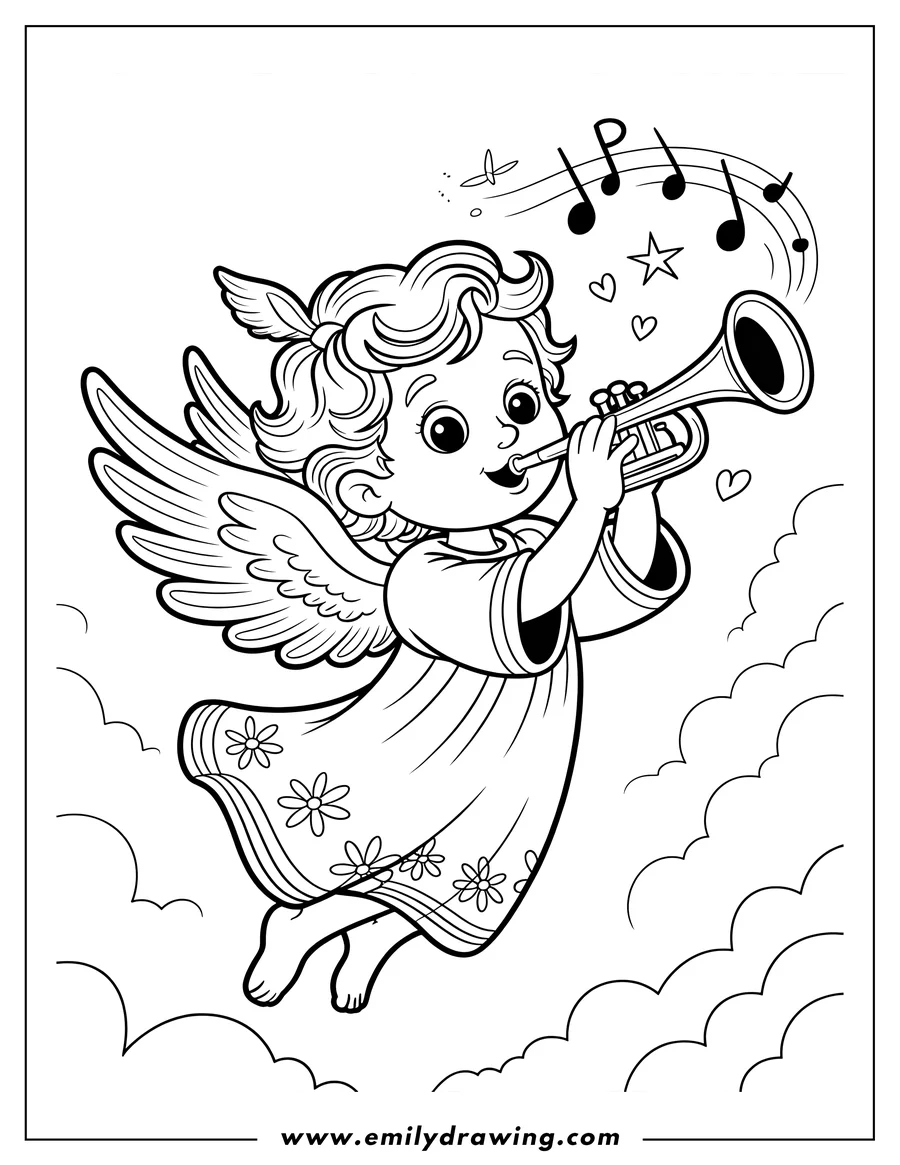 Line art of an angel playing a trumpet among clouds and musical notes.