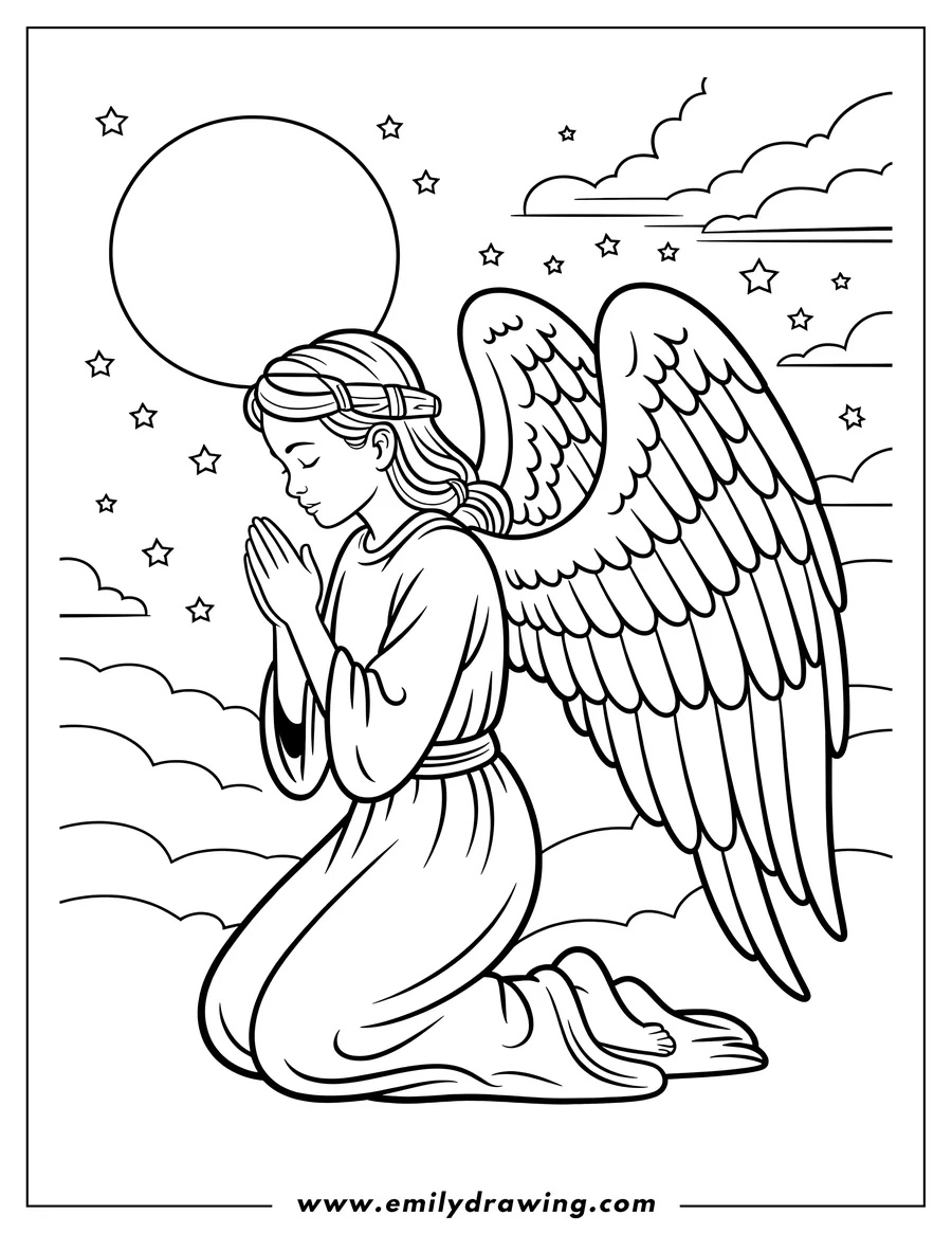 Line art of an angel kneeling in prayer, wings spread, against a backdrop of clouds, stars, and a large moon.
