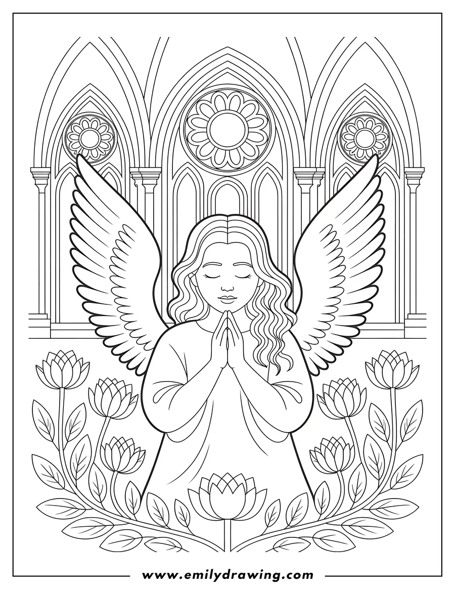Line drawing of an angel with large wings, praying with closed eyes inside a church with arched windows.