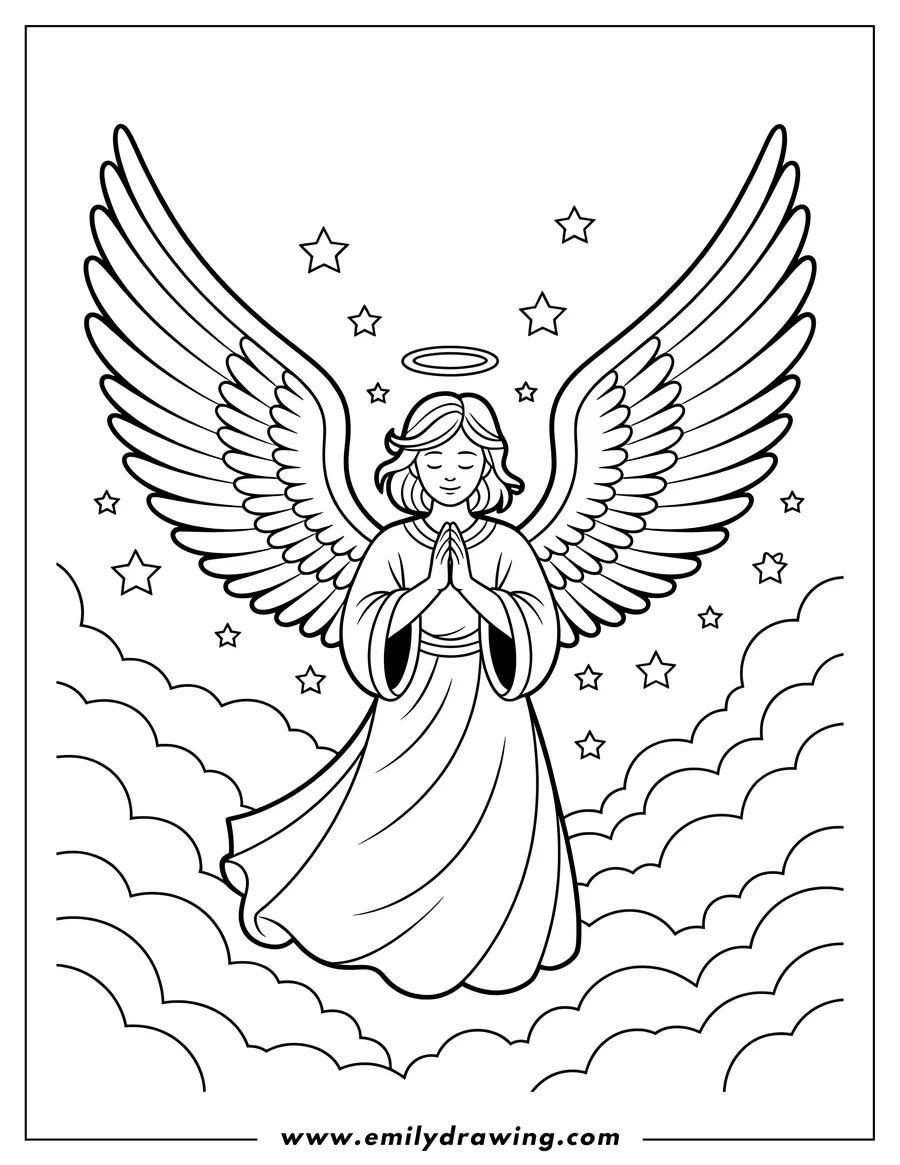 Line art of an angel with large wings, praying with hands together, surrounded by fluffy clouds and stars.