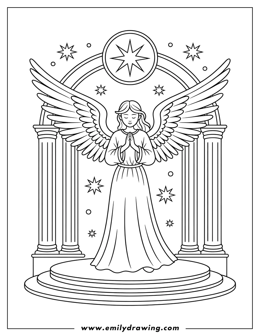 Line drawing of an angel with large wings, praying with hands clasped together, standing on a raised platform flanked by pillars. Stars and circles decorate the background.