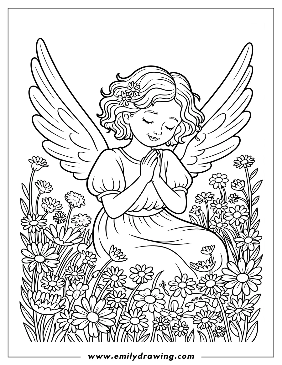 Outline of an angel with large wings, sitting and praying in a field of flowers. She has small flowers in her hair.