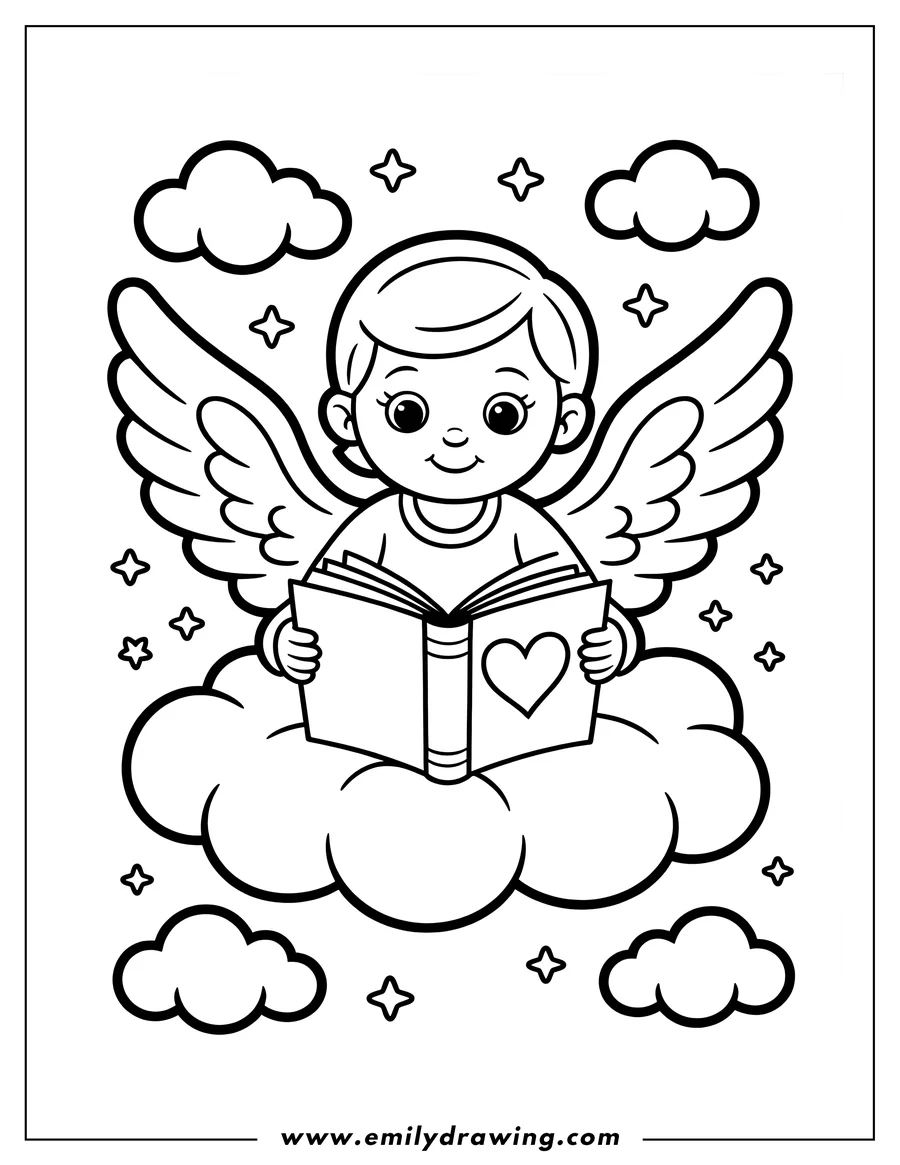 Outline of a cherubic angel sitting on a cloud, engrossed in reading a book adorned with a heart.
