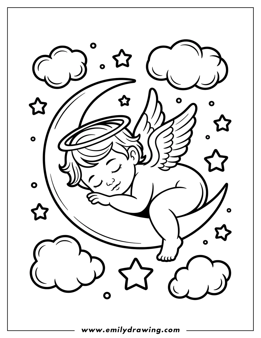 Outline of a cherubic angel sleeping peacefully on a crescent moon, surrounded by stars and fluffy clouds.