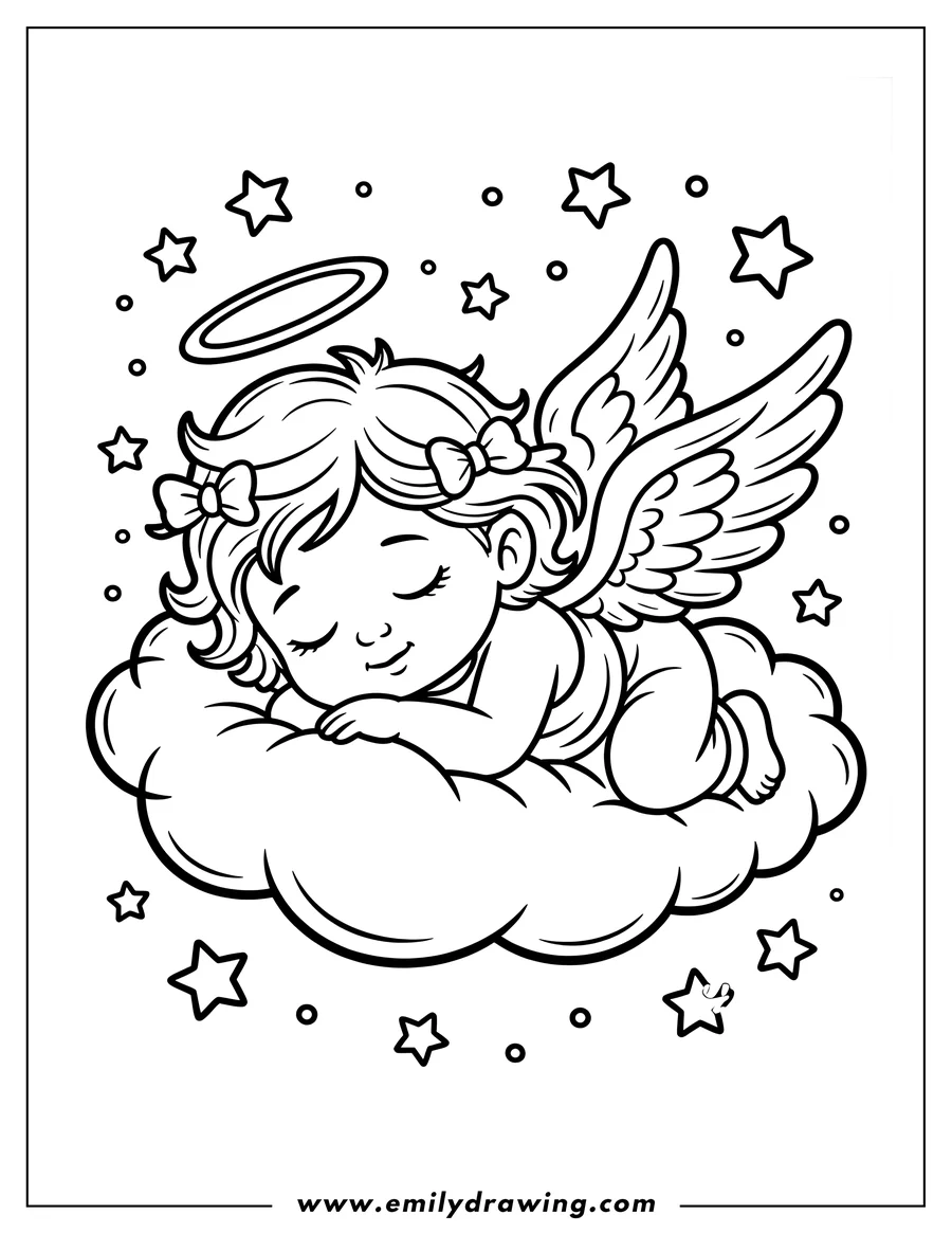 Outline of a cherubic angel sleeping peacefully on a cloud, surrounded by stars. The angel has small wings and a halo.