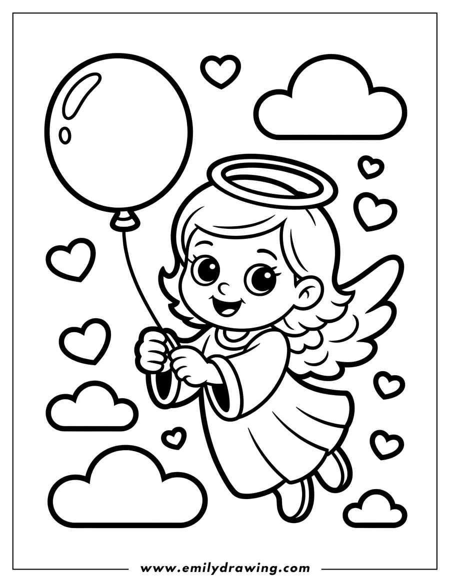 Outline of a cheerful angel holding a balloon, floating amongst clouds and hearts.