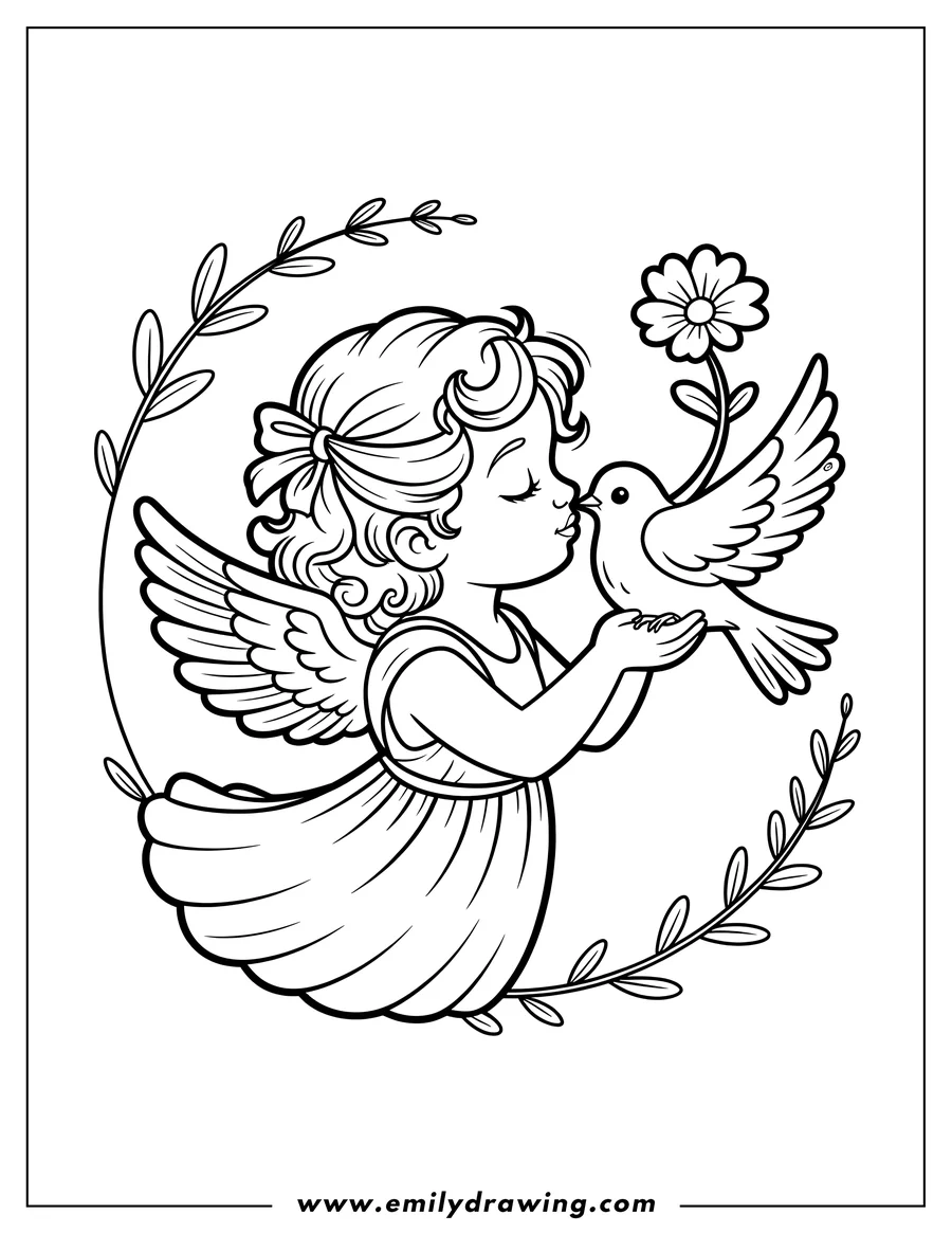 Outline of an angel gently kissing a dove holding a flower, framed by a delicate leafy border.