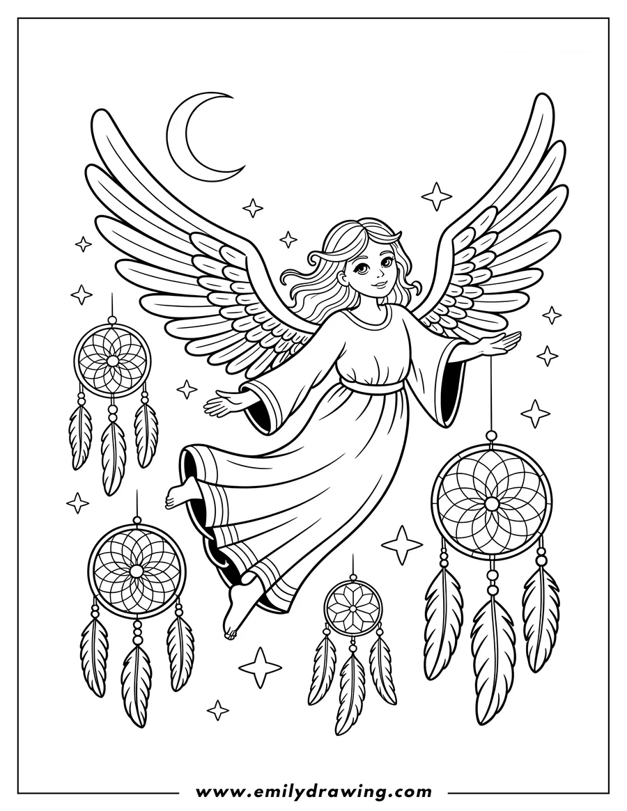 Line art of an angel with large wings, surrounded by three dream catchers, under a crescent moon and stars.