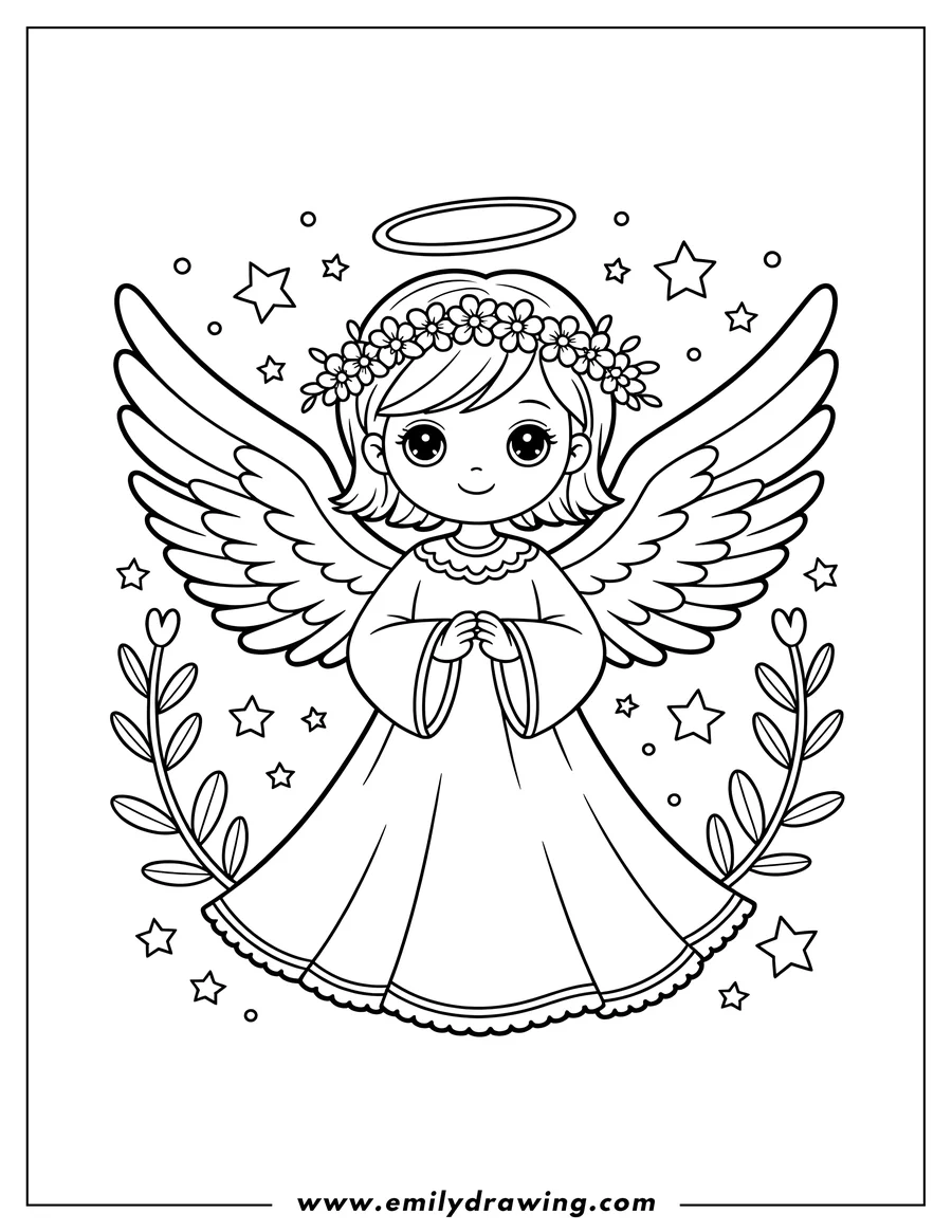 Line art of an angel with a floral halo, large wings, and a flowing gown, surrounded by stars and decorative leaves.