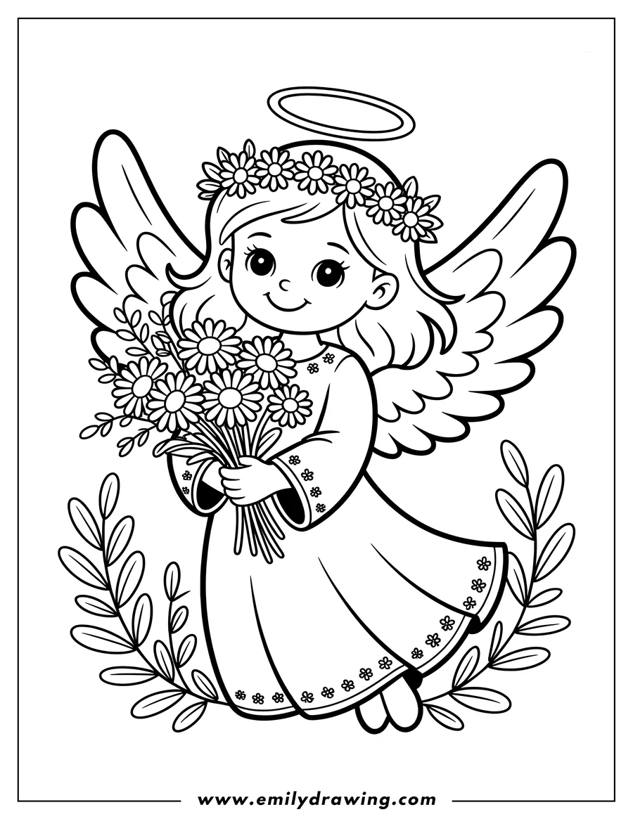 Outline of a smiling angel holding a bouquet of flowers and wearing a flower crown and halo.