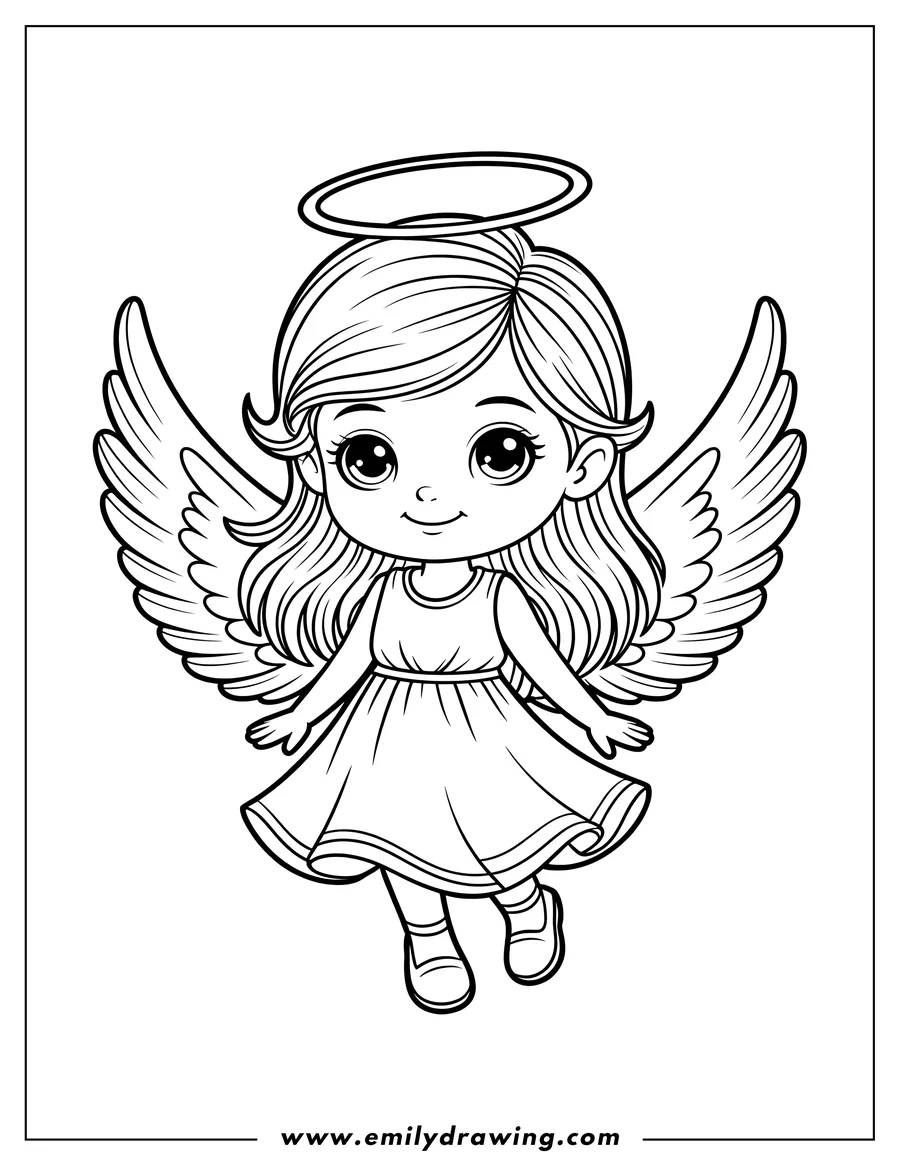 Outline of a young angel with a halo above her head and large wings. She is wearing a simple dress and shoes.