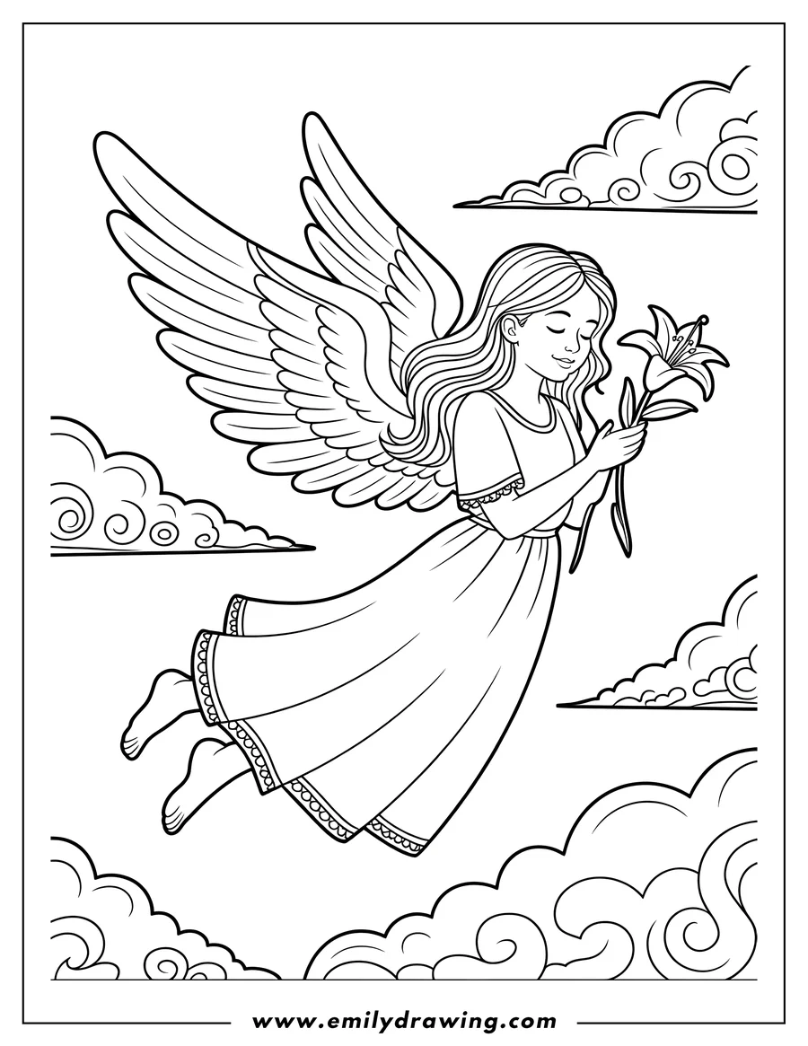 Line art of an angel holding a lily. She has large wings and a flowing dress, and she appears to be floating among clouds.