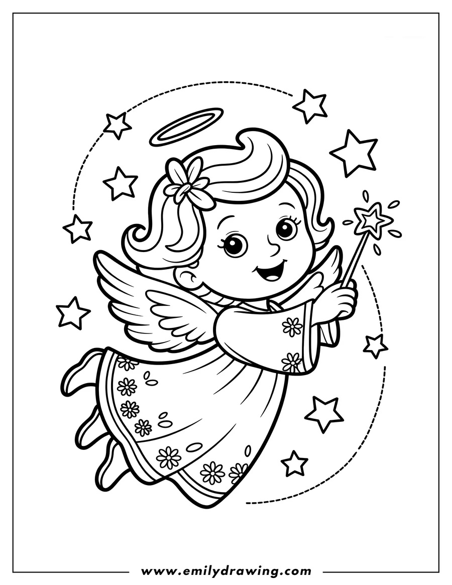 Outline of a cheerful angel holding a star-shaped magic wand, surrounded by twinkling stars. She wears a dress with flowers and has a halo above her head.