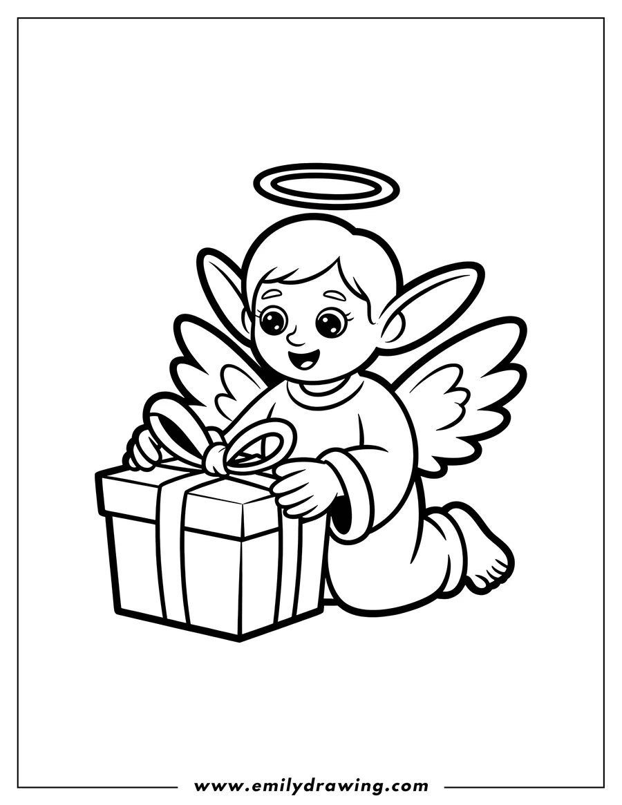 Line art of an angel kneeling and holding a large gift-wrapped present.