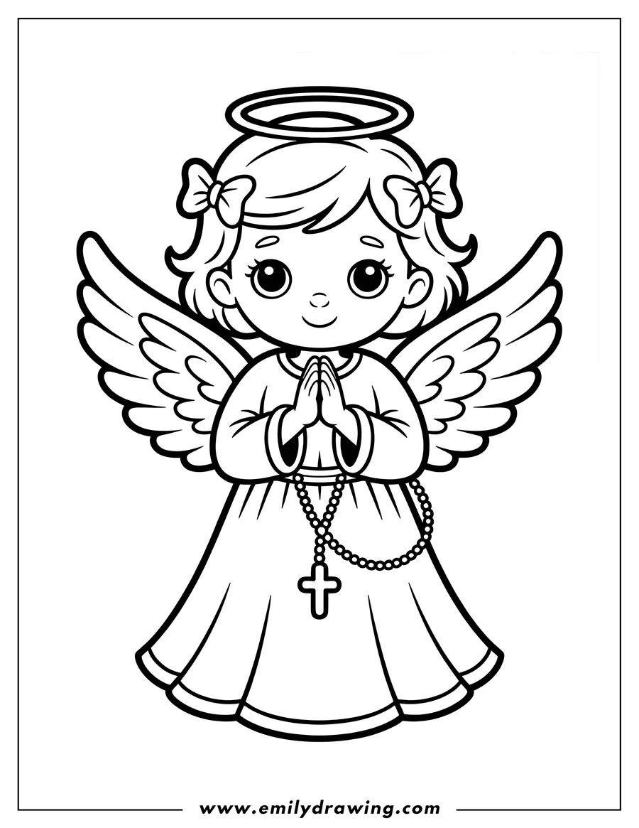 Outline of a young angel with a halo, wings, and a rosary with a cross.