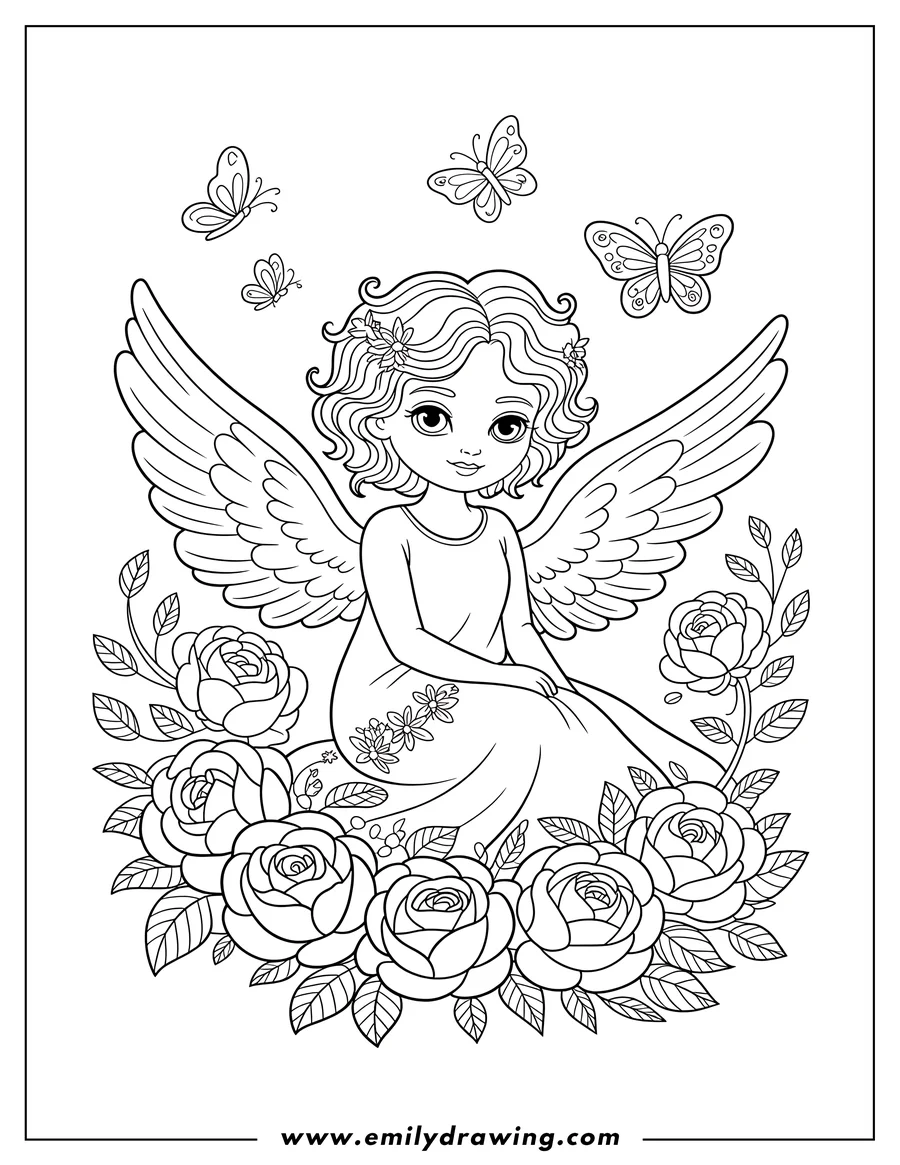 Line art of an angel with large wings sitting on a bed of roses, with butterflies flying around her.