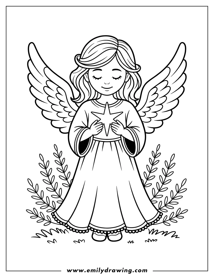 Line art of an angel with large wings, holding a star and standing amongst foliage.