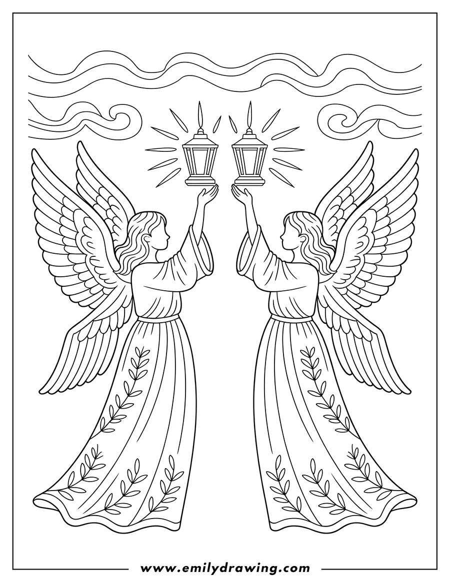 Line art of two angels holding lanterns, with large wings and flowing robes.