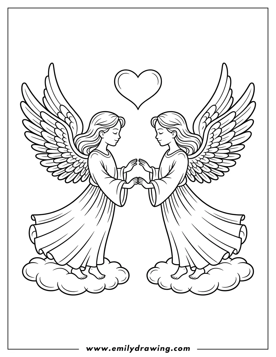 Two angels with outstretched wings standing on clouds with a heart floating above them.