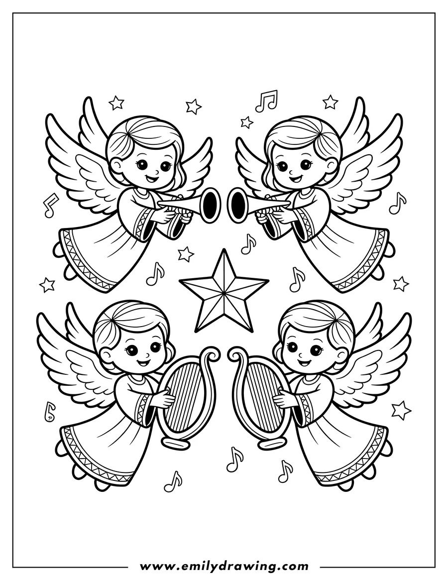 Four angels making music, two with trumpets and two with harps. Stars and music notes surround them.
