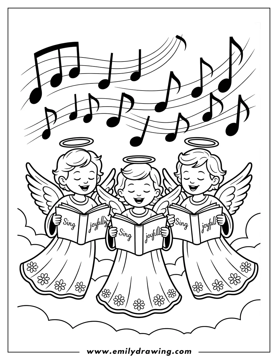 Line art of three angels singing, each holding a songbook, with halos and wings, floating on clouds.