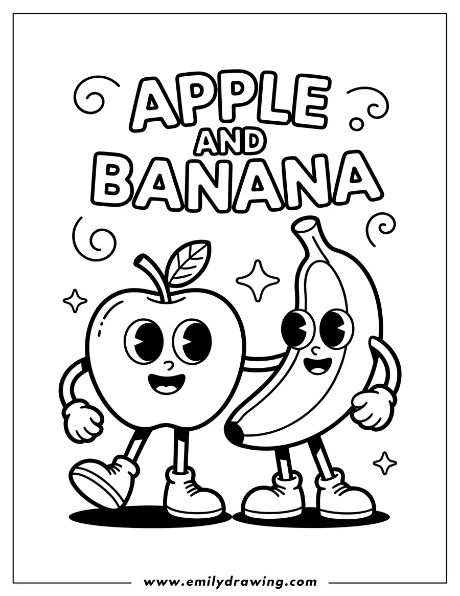 Line art of an apple and a banana, both with smiling faces and wearing shoes.
