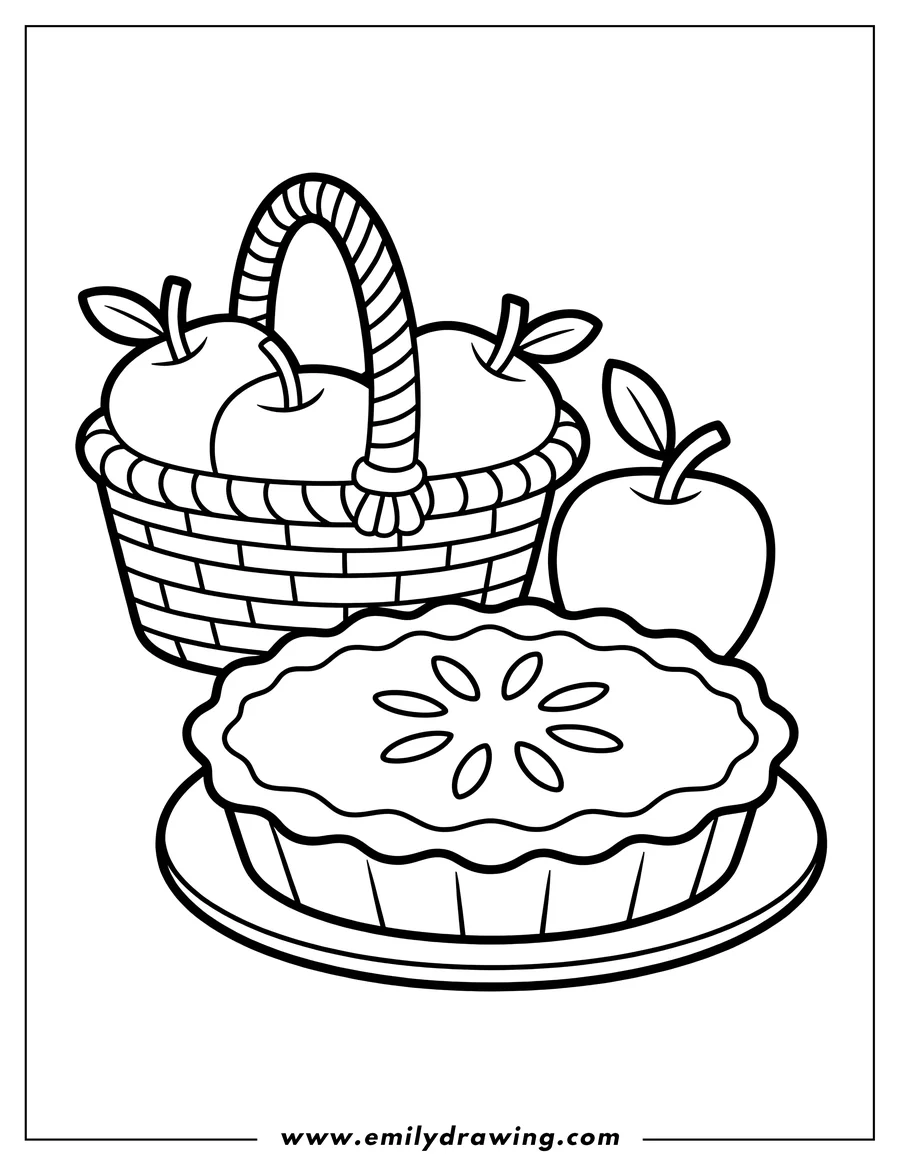 Outline of a whole baked pie on a plate, positioned in front of a woven basket overflowing with apples, with one large apple standing next to the pie.