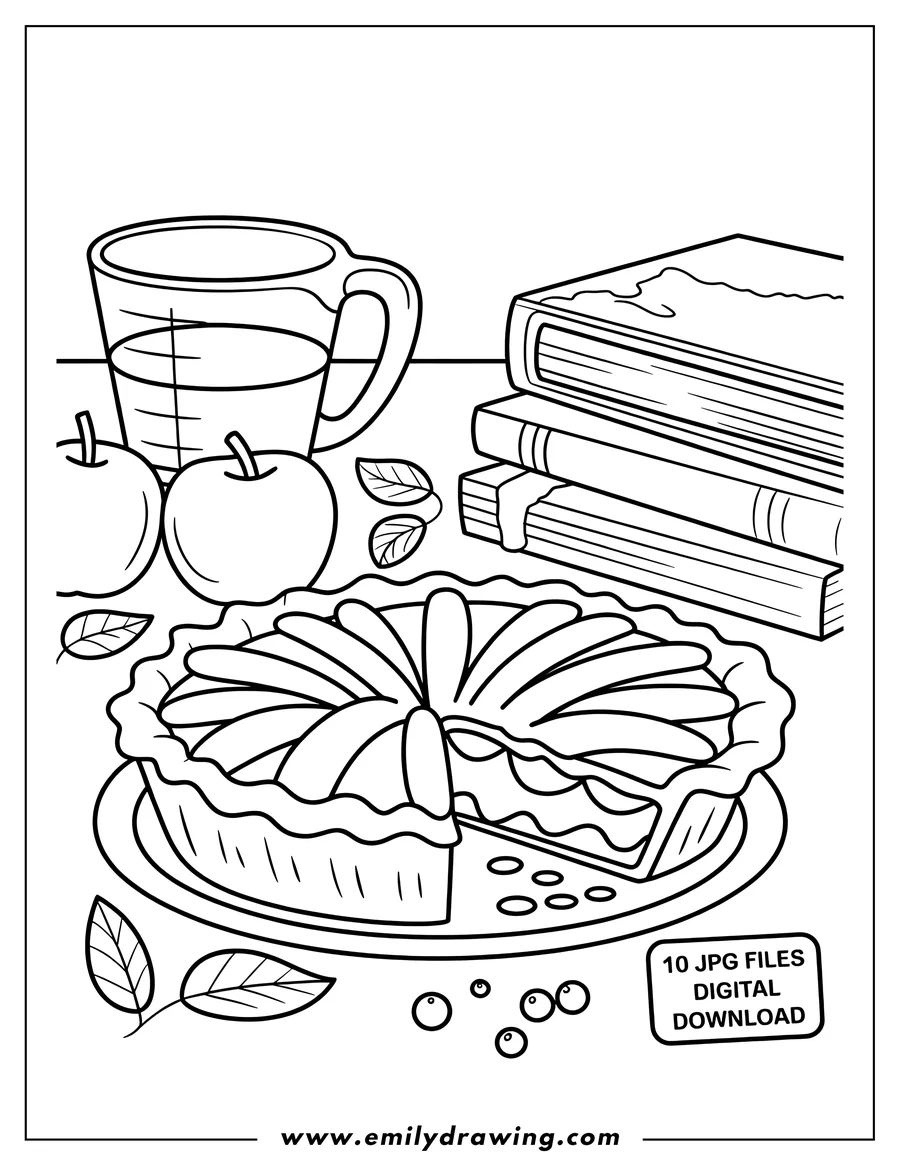 Line art showing a sliced apple pie on a platter, next to a stack of books, two whole apples, and a mug containing a hot drink.
