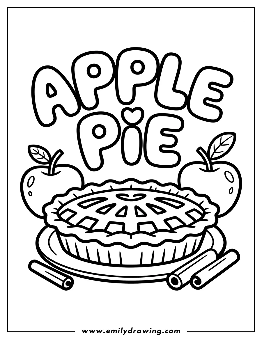 Outline of a whole apple pie with a lattice crust on a plate, flanked by two whole apples and two cinnamon sticks in the foreground.