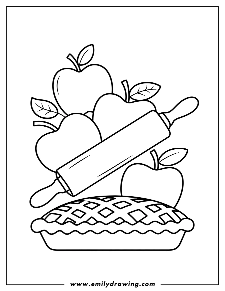 Line art featuring a baked lattice-top pie surrounded by four whole apples and a rolling pin resting across the ingredients.