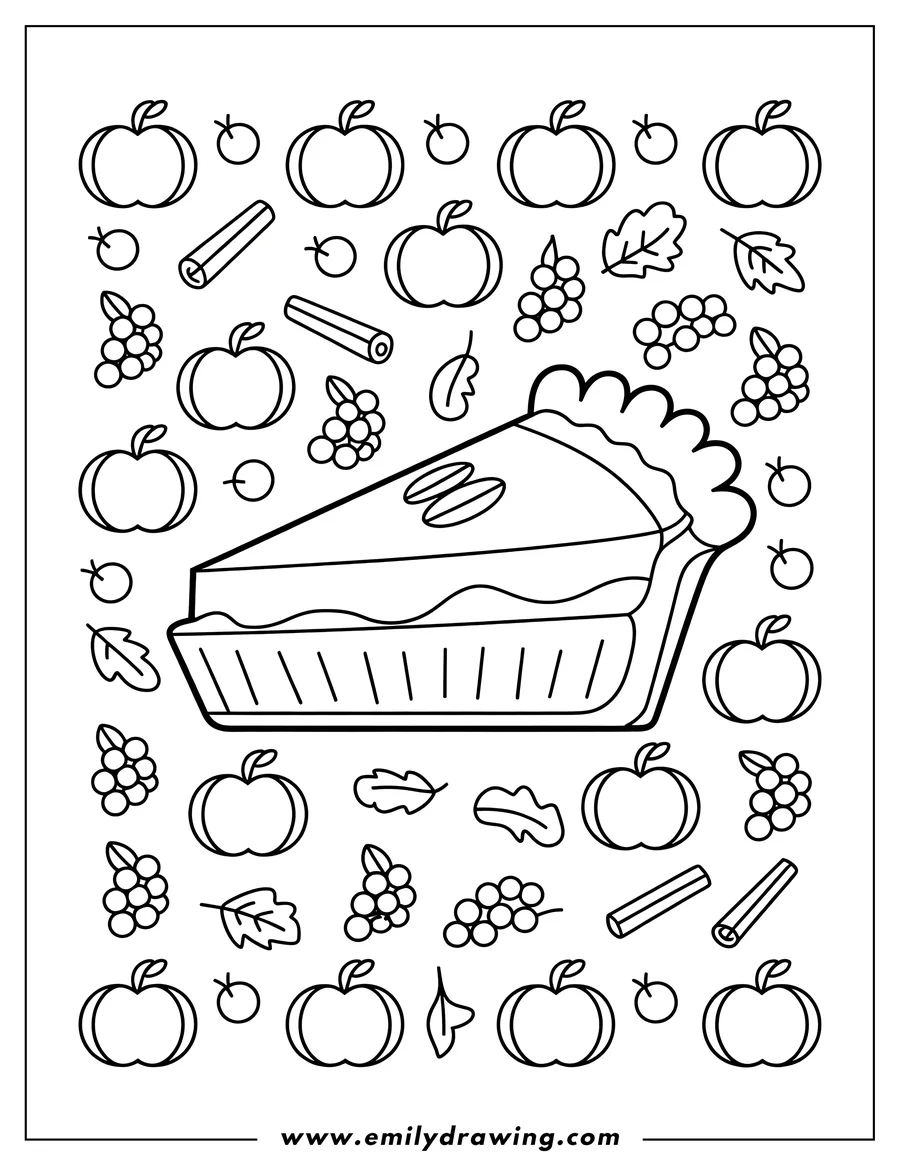 Line art of a slice of apple pie surrounded by apples, grapes, and cinnamon sticks.