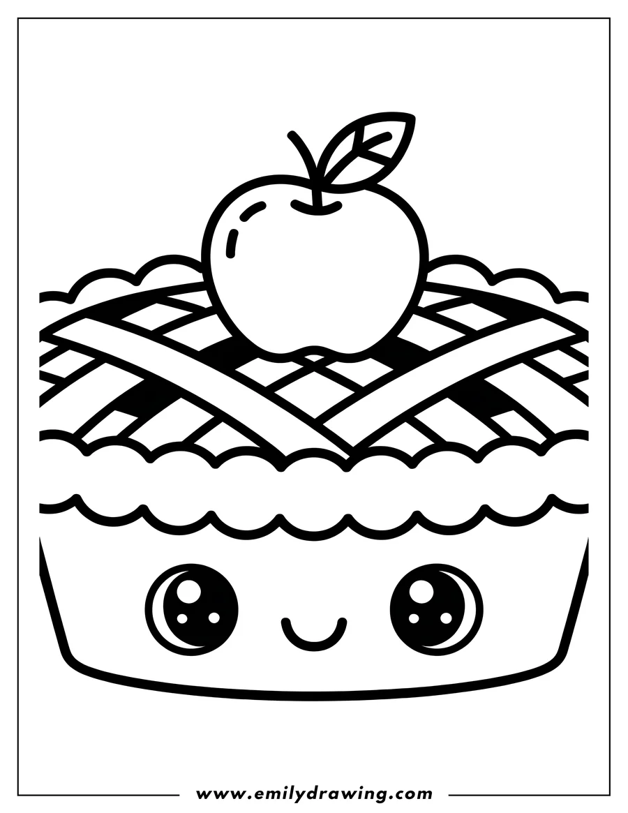 Outline of a kawaii apple pie featuring a lattice crust and a smiling face. A large apple with a leaf rests on top of the pastry.