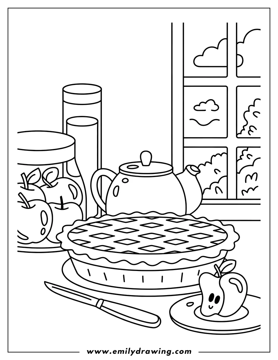 Line art showing a freshly baked pie with a lattice crust on a table, alongside a teapot, jars of apples, a knife, and a smiling sliced apple, set in front of a window.