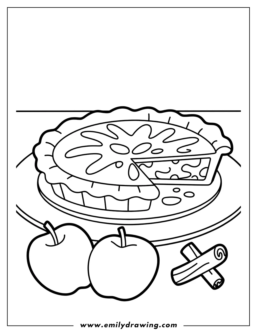 Outline of a baked apple pie served on a plate, showing one slice removed. Two whole apples and two crossed cinnamon sticks are arranged beside the pie.