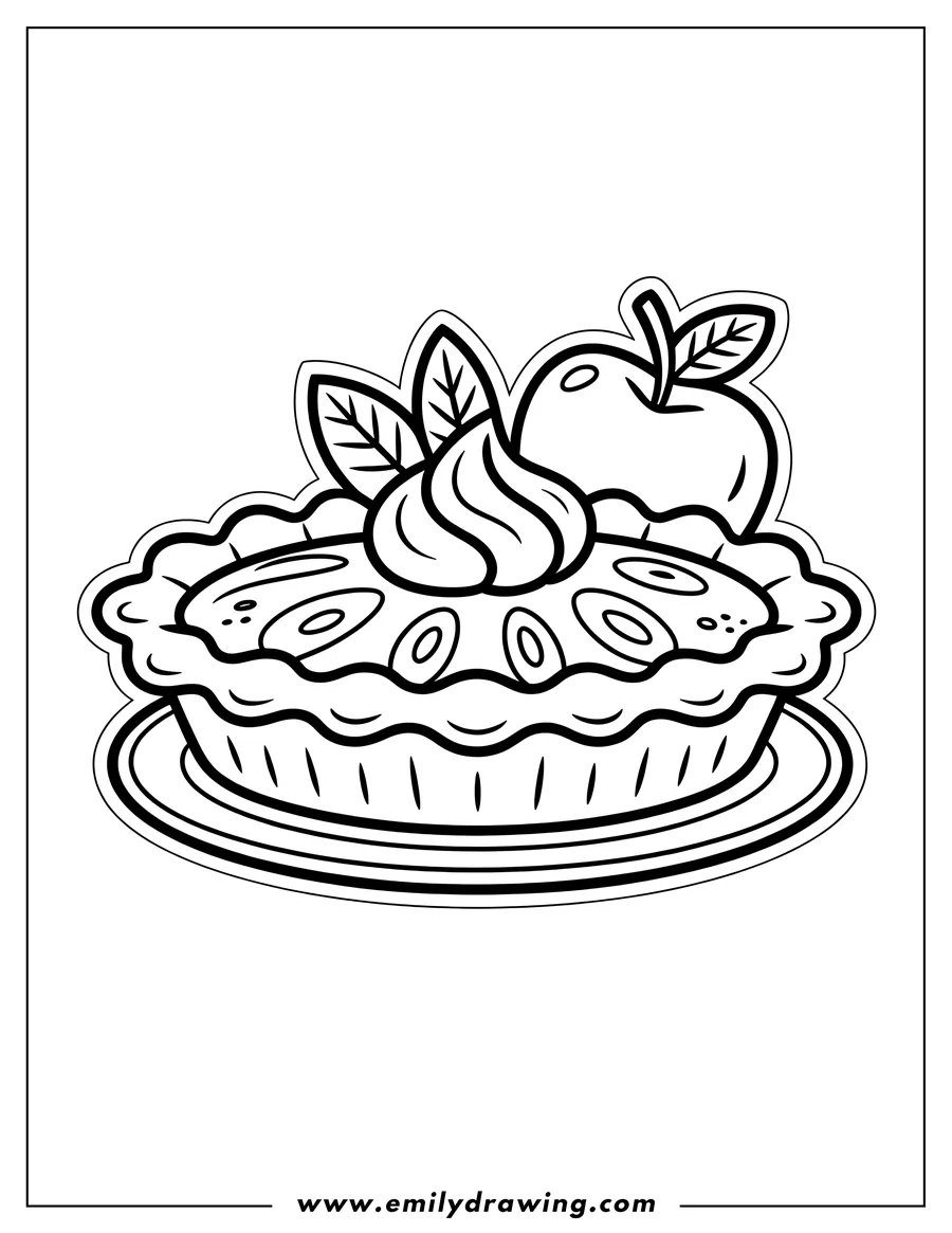 Outline of a whole baked pie on a serving plate, topped with a swirl of whipped cream and leaves, next to a whole apple.