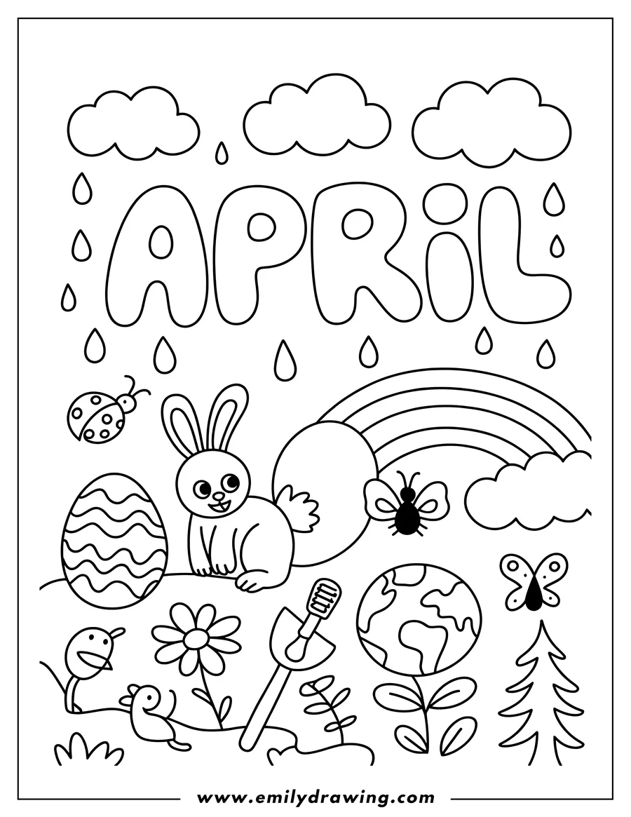 Outline of an April scene with a bunny, Easter egg, rainbow, Earth, flowers, and rain clouds.