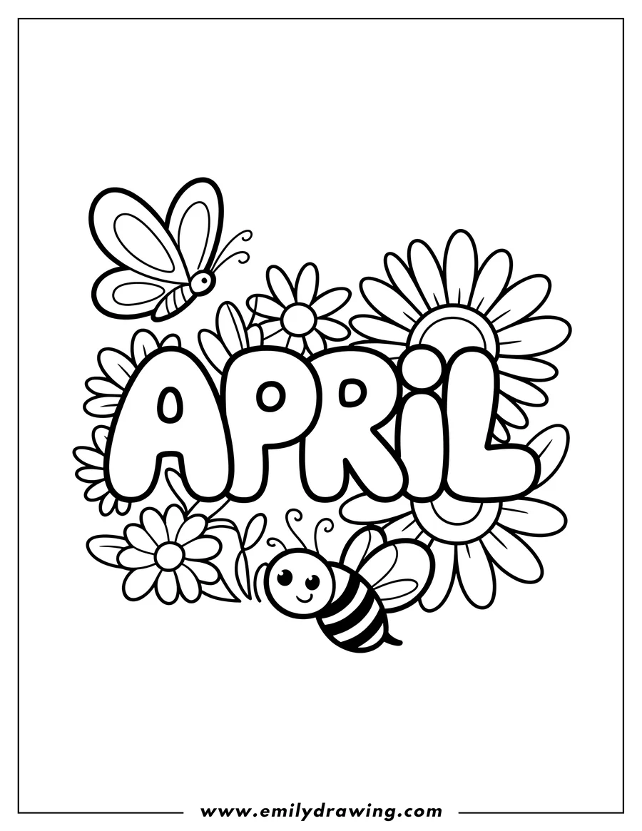 Outline of the word April surrounded by flowers, a bee, and a butterfly.