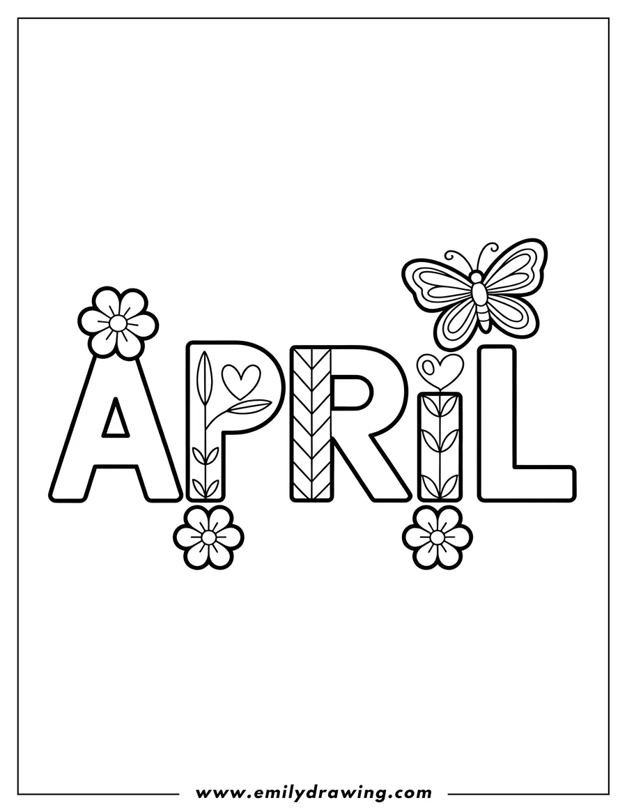 Outline of the word April decorated with flowers and a butterfly.