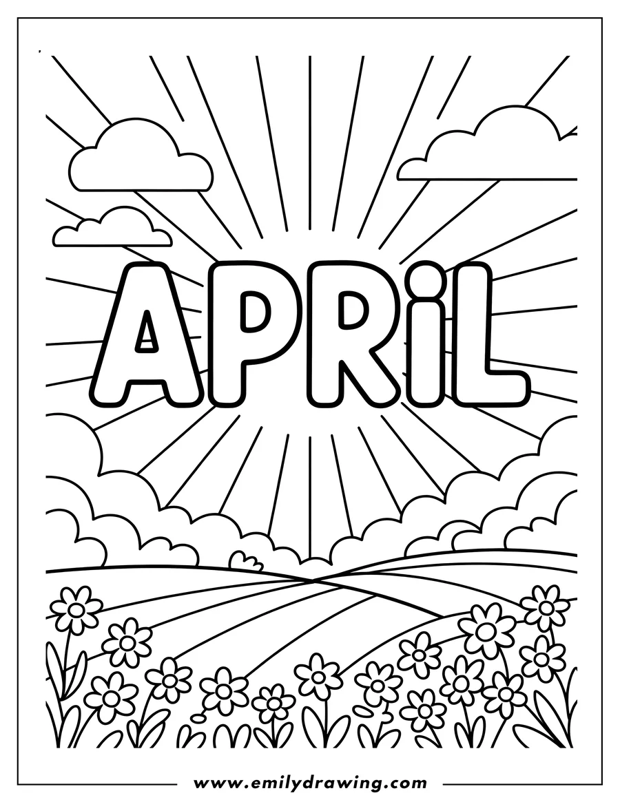 Outline of the word April above a field of simple flowers.
