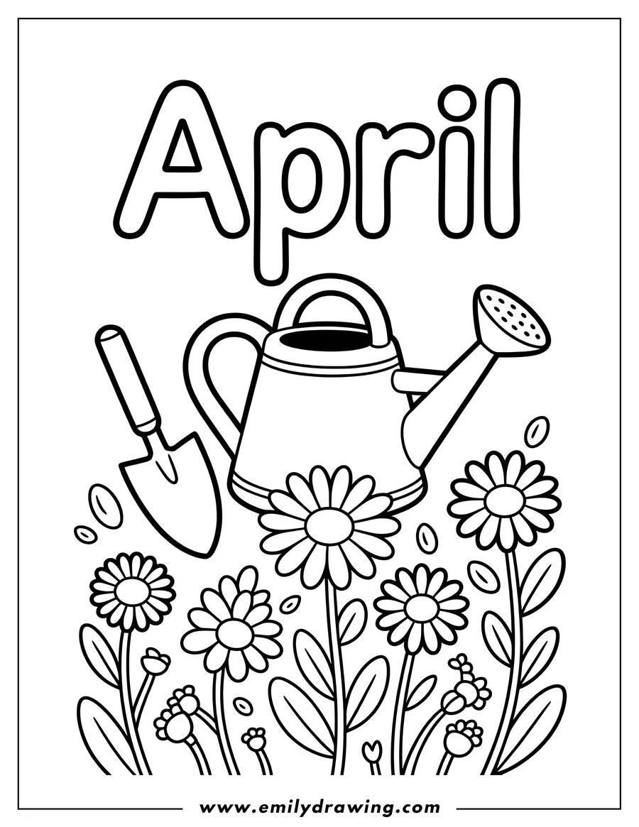 Outline of April flowers with a watering can and trowel.