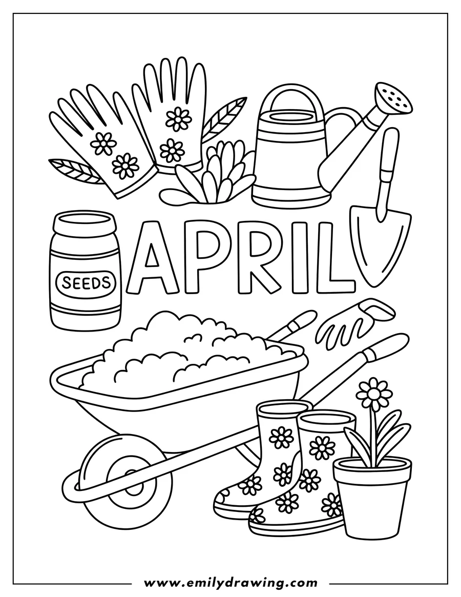 Line art illustration of gardening tools for April, including a wheelbarrow, gloves, boots, watering can, shovel, and potted plant. Perfect for a spring-themed coloring activity.